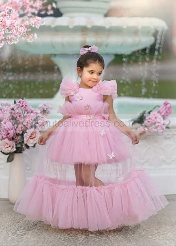 Blush Pink Butterflies Ruffled Tulle Long Flower Girl Dress